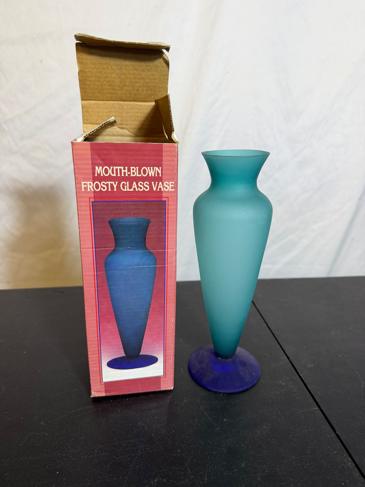 Four Star Mouth-Blown Frosted Teal Purple Glass Vase w/ Box - Wormhole Thrift