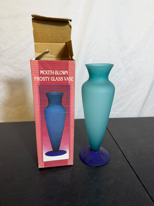 Four Star Mouth-Blown Frosted Teal Purple Glass Vase w/ Box - Wormhole Thrift
