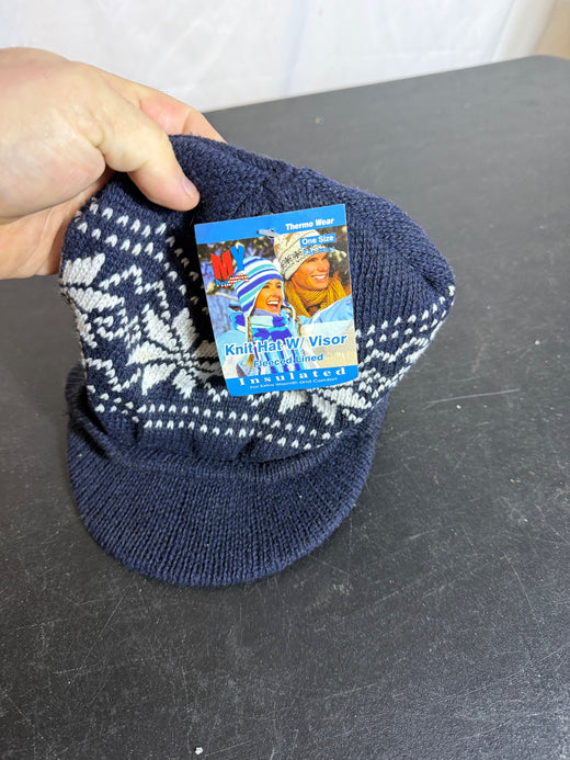 Thermo Wear Navy Blue Snowflake Knit Hat with Visor - New With Tags - Wormhole Thrift