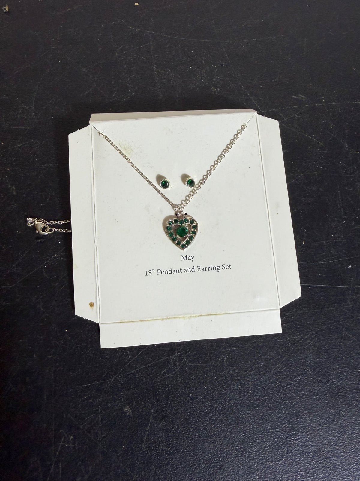 May Birthstone Heart Pendant Necklace & Earring Set 18" Chain - Wormhole Thrift