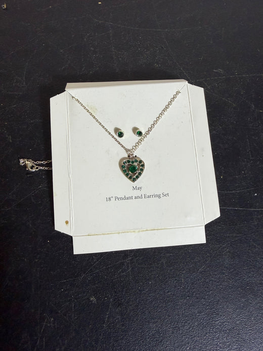 May Birthstone Heart Pendant Necklace & Earring Set 18" Chain - Wormhole Thrift