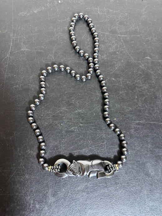 Men's Dark Metallic Bead Necklace with Tiger Pendant Clasp - Wormhole Thrift