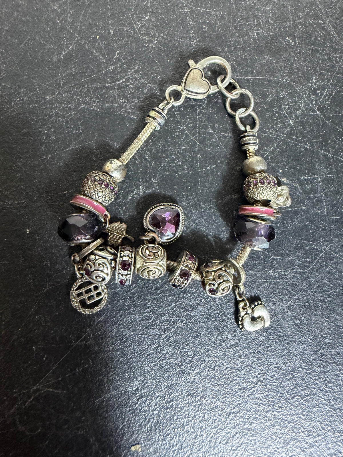 Silver Tone Charm Bracelet Purple Amethyst-Style Beads Pink Accents - Wormhole Thrift