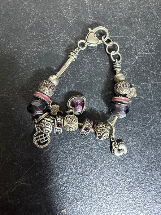 Silver Tone Charm Bracelet Purple Amethyst-Style Beads Pink Accents - Wormhole Thrift