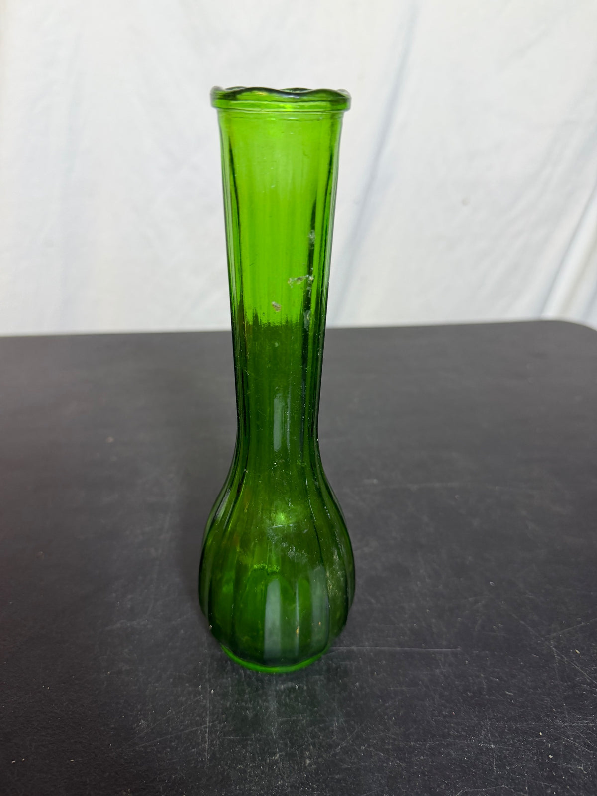 Vintage P.G.C. Green Ribbed Glass Ruffled Rim Vase - Approx 8.25" Tall - Wormhole Thrift