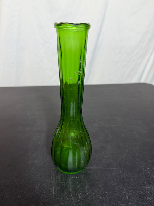 Vintage P.G.C. Green Ribbed Glass Ruffled Rim Vase - Approx 8.25" Tall - Wormhole Thrift