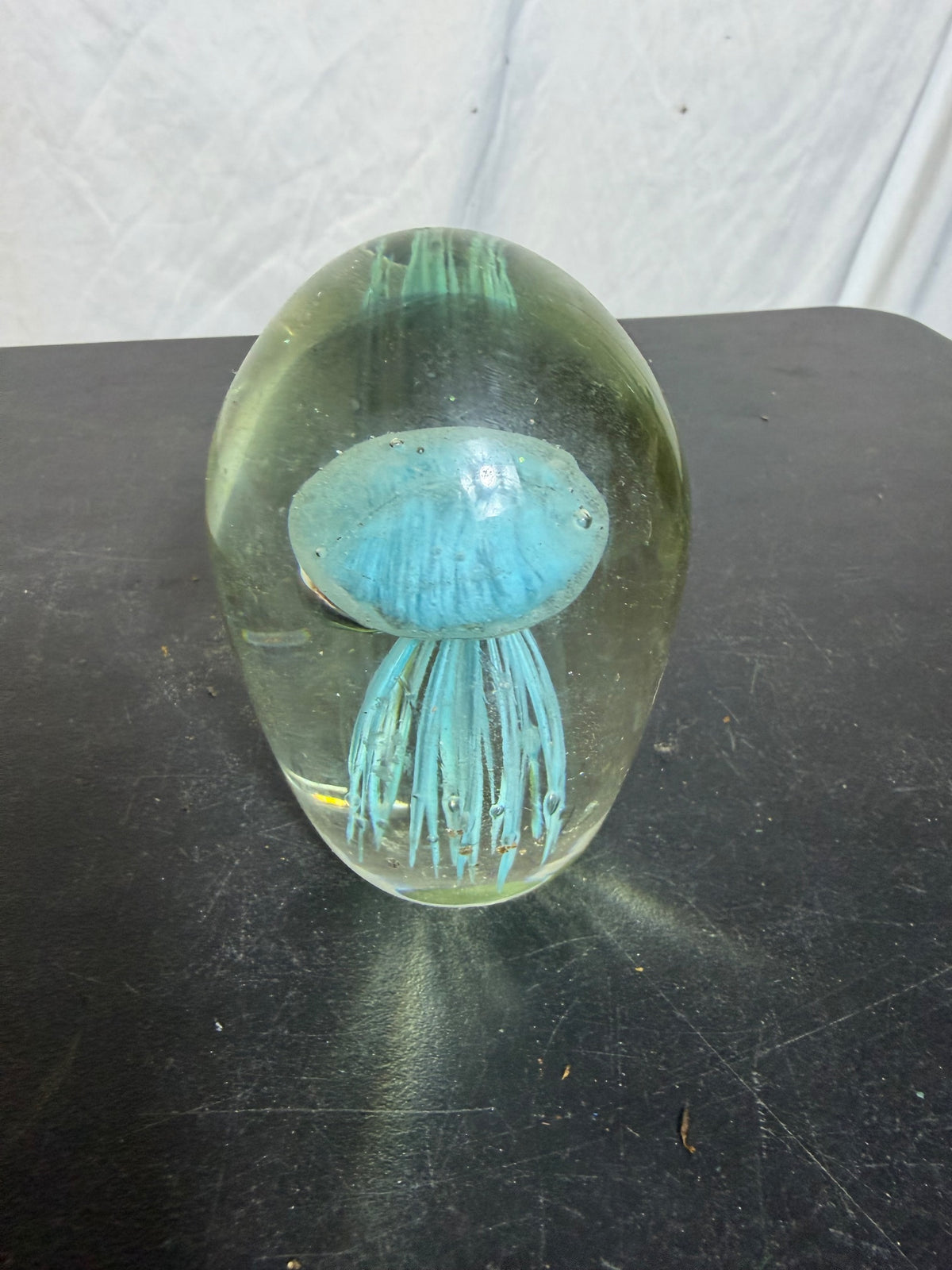 Glass Jellyfish Paperweight Blue Art Glass Decor - Wormhole Thrift