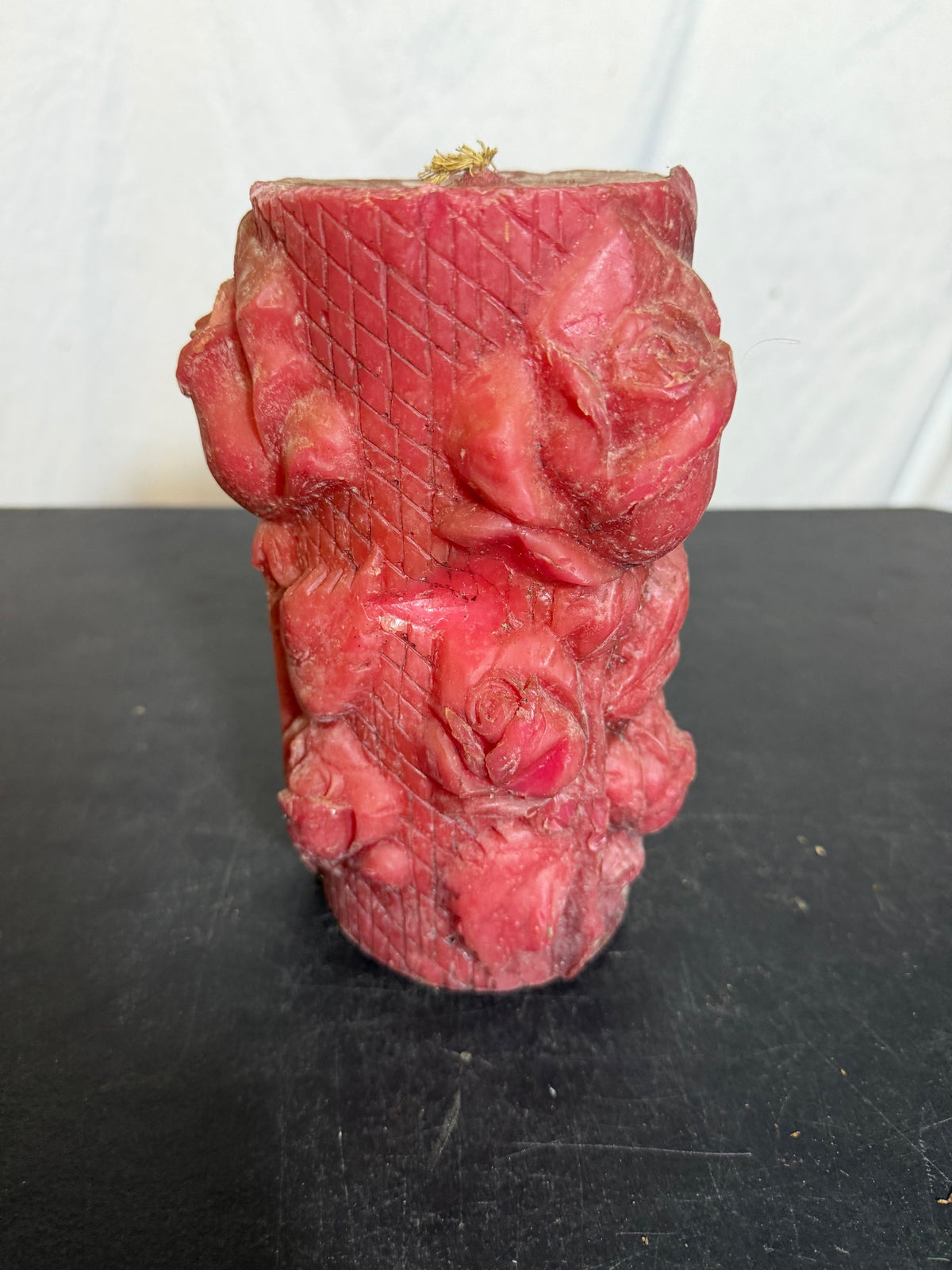 Vintage Red Rose & Lattice Carved Pillar Candle - 6.25" Tall - Wormhole Thrift