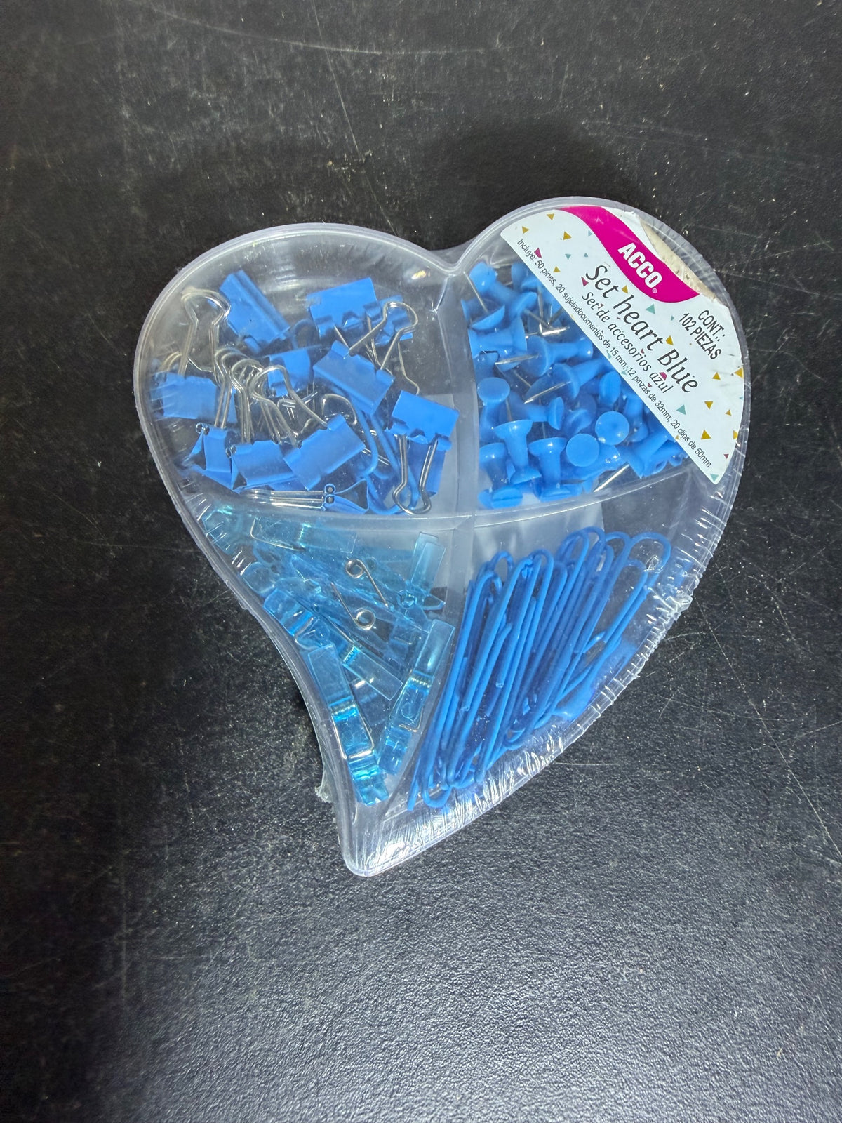 ACCO Brands Heart Shaped Blue Office Supply Set - 102 Pcs Pins & Clips - Wormhole Thrift