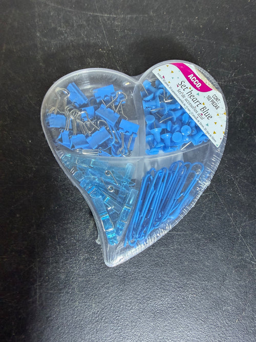 ACCO Brands Heart Shaped Blue Office Supply Set - 102 Pcs Pins & Clips - Wormhole Thrift