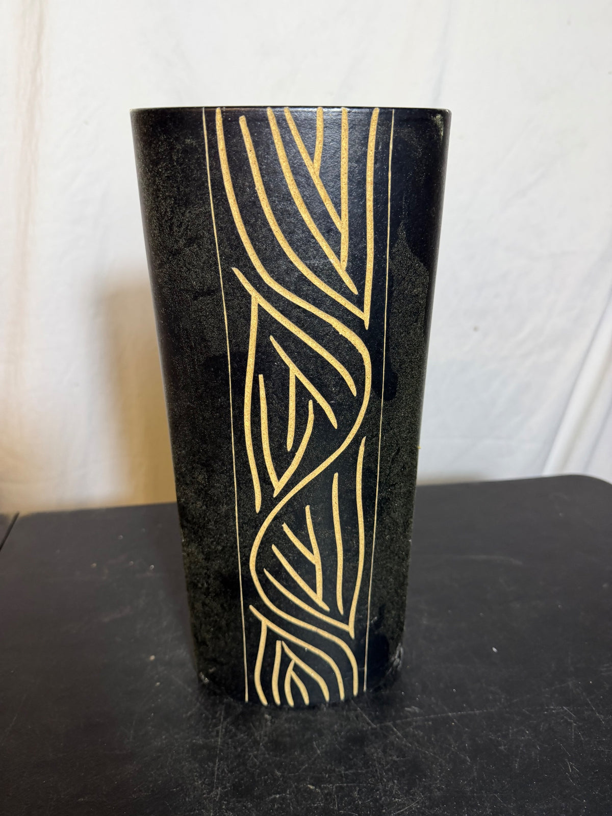 World Market Black Tapered Vase with Carved Leaf Design - Wormhole Thrift