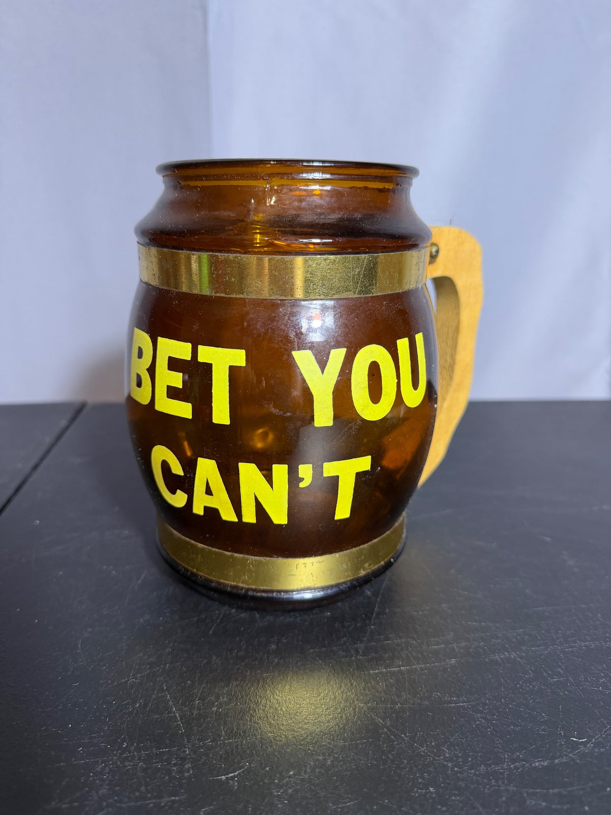 Vintage "Bet You Can't" Amber Glass Beer Stein Mug Wood Handle - Wormhole Thrift