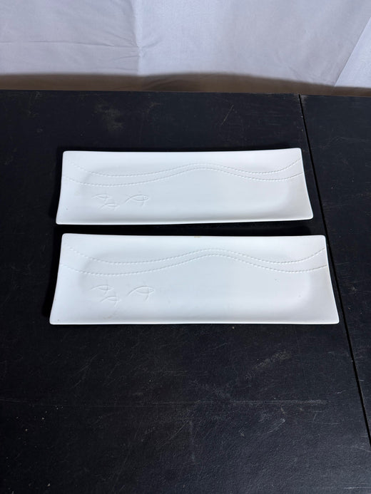 Crate & Barrel White Porcelain Fish Motif Rectangular Serving Plates (Set of 2) - Wormhole Thrift